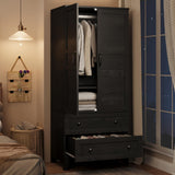 Garvee Storage Cabinet with 2 Drawers, 72 in Tall Wooden Organizer with Hanging Rod, Large Storage Cabinet with Doors and Adjustable Shelves for Bedroom and Living Room, Rustic Black - Rustic Black