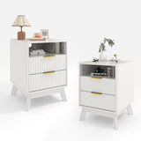 Garvee 2 Pack 18" Modern Fluted Nightstand with Charging Station, Curved Profile Side Table with 2 Drawers, Multi-Functional End Table for Bedroom & Living Room,White - White