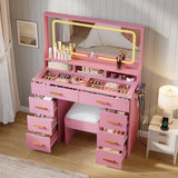 Garvee Vanity Desk with Mirror and Lights, Makeup Dresser for Bedroom with 8 Drawers & 1 Vanity Chair & Power Outlet, Modern Dressing Table Set for Bedroom, Bathroom, Pink - Pink