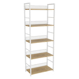 Garvee 5-Tier Metal & Wood Tall Narrow Bookshelf, guard panels on each shelf, for Living Room & Home Office, White/Natural