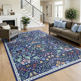 Garvee 8' × 10' Botanical Area Rug, Soft Washable Low-Pile Polyester Carpet for Living Room, Bedroom and Dining Room, Blue - Blue
