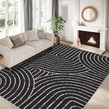 Garvee 8' x 10' Easy Jute Indoor Outdoor Area Rug, Geometric Wave Border Washable Non-Slip Ultra-Thin Faux Jute Rug for Living Room & Patio, Black - Black