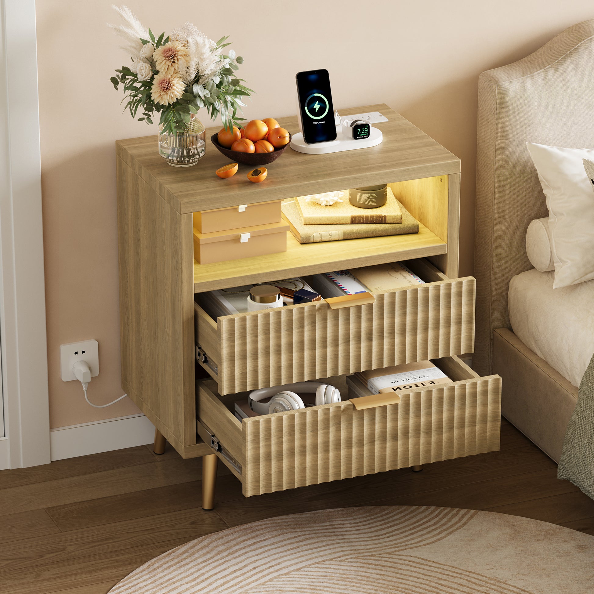 Garvee 2 Drawers Dresser with LED Lights & Charging Station for Bedroom, 23.6