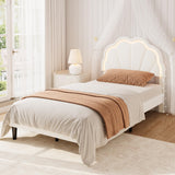 Garvee Sturdy Velvet Upholstered Platform Bed Frame - Adjustable Seashell Headboard - LED Lighting - Under Bed Storage - Twin Size, White - Off White