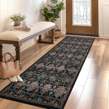 Garvee Boho Area Rug - Soft Washable Printed Floral Rug, Low Pile Non Shedding Non Slip Rug, Indoor Foldable Vintage Rug Carpet - Blue-Black