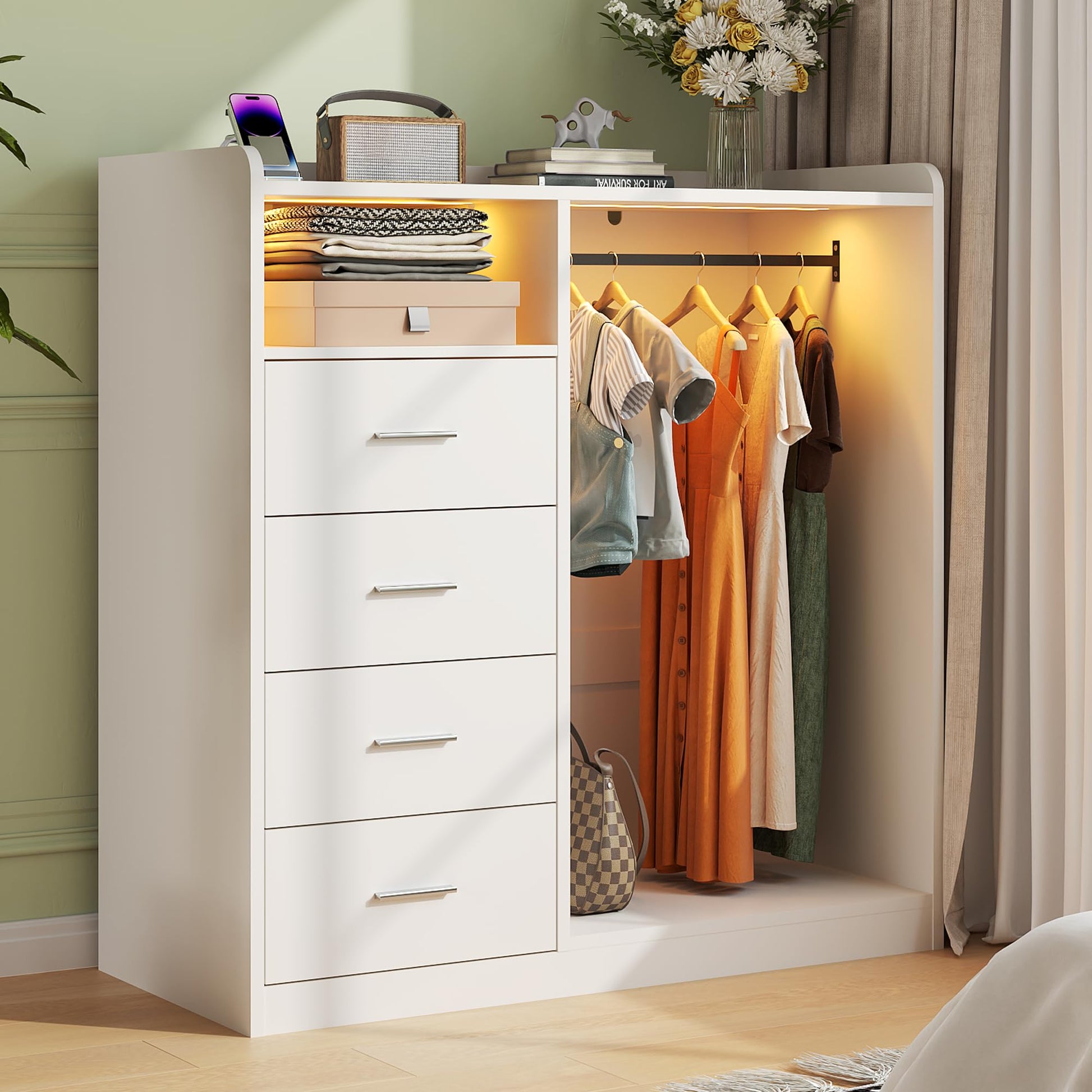 white dresser with led lights Garvee Dresser with Hanging Rack 4 Drawer LED Lights Charging Station For Bedroom Living Room White Large Storage Organizer