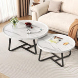 Garvee Set of 2 Modern Round Nesting Coffee Tables – Fluted Wood & Marble Design, Sturdy Metal Frame, Easy Assembly, Space-Saving Accent Tables for Living Room or Bedroom – White Combo - White
