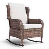 Garvee Beige + Brown Outdoor Rocking Chair, PE Rattan Patio Wicker Rocker with Thick Cushions for Porch, Deck & Garden - Brown + White