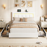Garvee PU Leather Platform Bed Frame with 4 Storage Drawers – Adjustable Headboard, APP RGB LED Lights, USB & Type-C Charging, Noise-Free, Easy Assembly – Queen, White - White