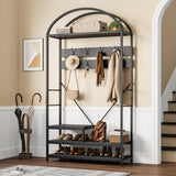 Garvee Space-Saving Arch Hall Tree Coat Rack – Sturdy Metal Frame, 16 Hooks, Shoe Bench, Top Storage Shelf – Freestanding Entryway Organizer for Small Spaces, Apartments, Mudrooms – Rustic Wood – Black, 100cm - Black