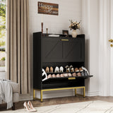 Garvee Slim Reverse-Drawer Shoe Storage Cabinet for Entryway - Freestanding Farmhouse Shoe Organizer, 2-Tier Reverse-Front Drawers, Adjustable Shelves, Dustproof Back Panel - Color: Black