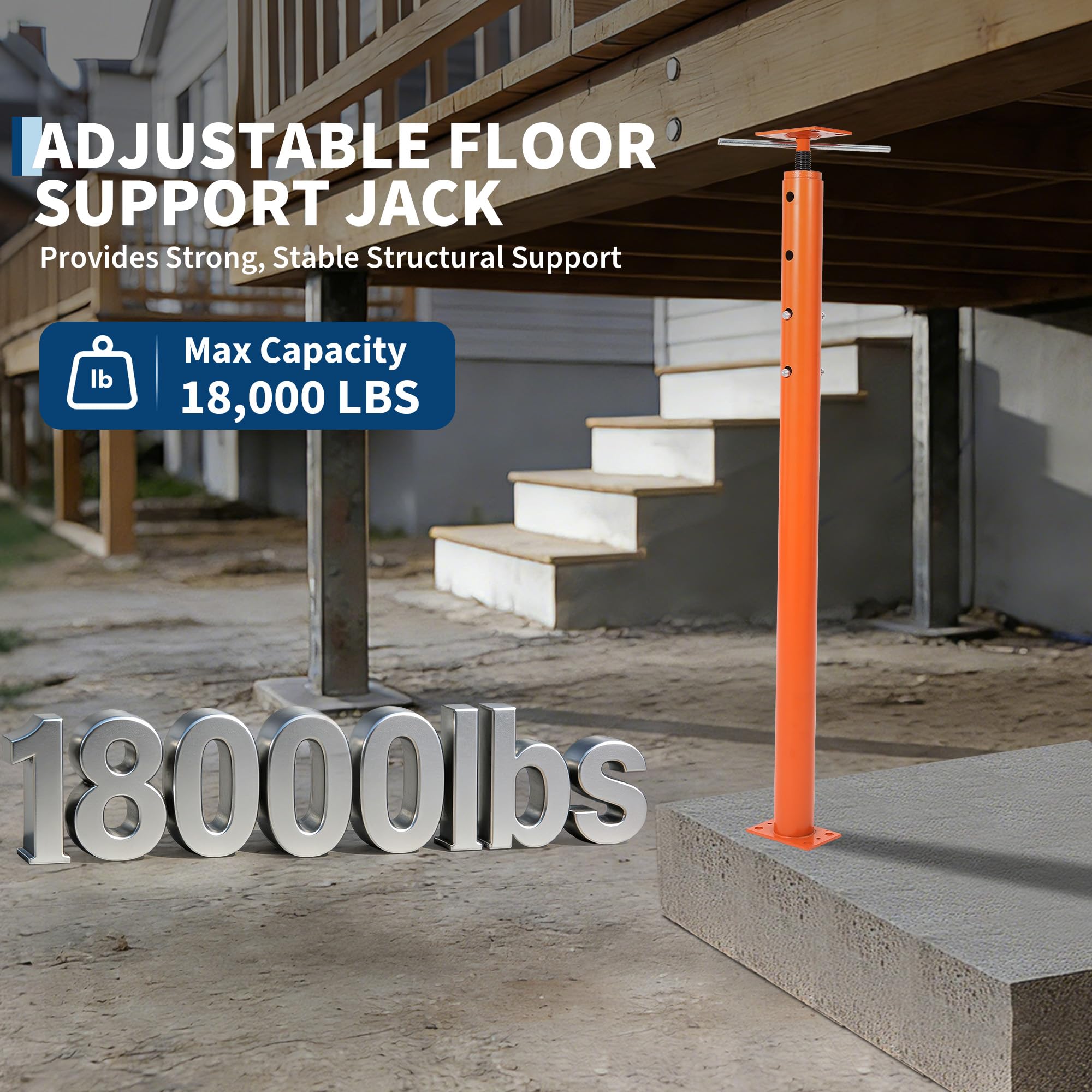 Adjustable house floor jack post with an 18,000 lb load capacity callout
