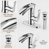 Garvee Waterfall Bathroom basin Faucet, Single Handle for 1 or 3-Hole basin with Deck Plate, Pop-Up Drain & Supply Lines Included - Single handle waterfall faucet, with base plate, chrome - Chrome