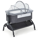 Garvee 3-in-1 Adjustable Bedside Baby Bassinet with Breathable Mesh, Wheels, Detachable Mosquito Net, Storage Basket and Collapsible Side for Newborns, Dark Grey - Dark Grey