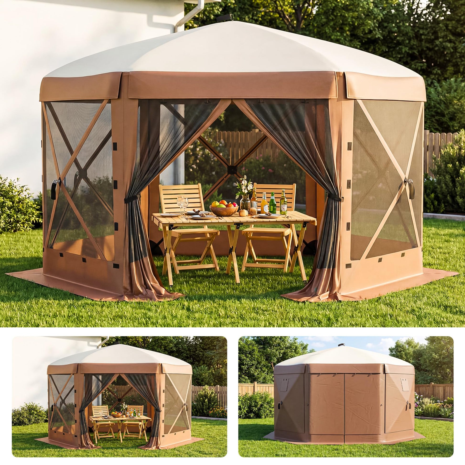 Garvee Pop-Up Screen Tent for Camping & Outdoors, 11 x 11 ft 6-Sided Hexagon Gazebo with Mesh Shelter and Bug Protection, Dark Brown