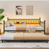 Garvee Daybed with Trundle, Metal Twin Trundle Bed with Charging Station & LED Lights, Sofa Beds Frame with Pull Out Bed for Living Room, Guest Room, Apartment, Small Spaces, Black - Black