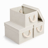 Garvee Stackable Fabric Storage Bins with Lids, Space-Saving Closet Organizer Boxes, Large-Capacity Particle-Proof Home Storage for Bedroom/Kitchen/Office - 3 Pack - Beige - 30 x 23 x 17 cm - Beige-3 Pack