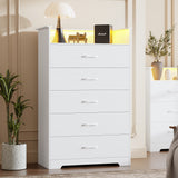 Garvee 5 Drawer Dresser for Bedroom - 51” Tall Vertical Chest of Drawers with LED Light and Charging Station, Modern Organizer Cabinet with Open Shelf for Living Room, Entryway, Hallway, White - White
