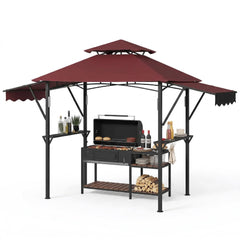 Garvee 8x5 ft Grill Gazebo with Adjustable Dual Awnings, 2-Tier Ventilated BBQ Shelter, Steel Frame, Shelves & LED Lights, Claret, Backyard Garden - Claret
