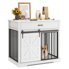 Garvee 37.8"W Dog Crate Furniture for Small/Medium Dogs, 2-in-1 Iron-Wood Fusion Dog Cage Indoor As Side End Table, Farmhouse Dogs Kennel with Sliding Barn Doors & Storage Drawer, White - White