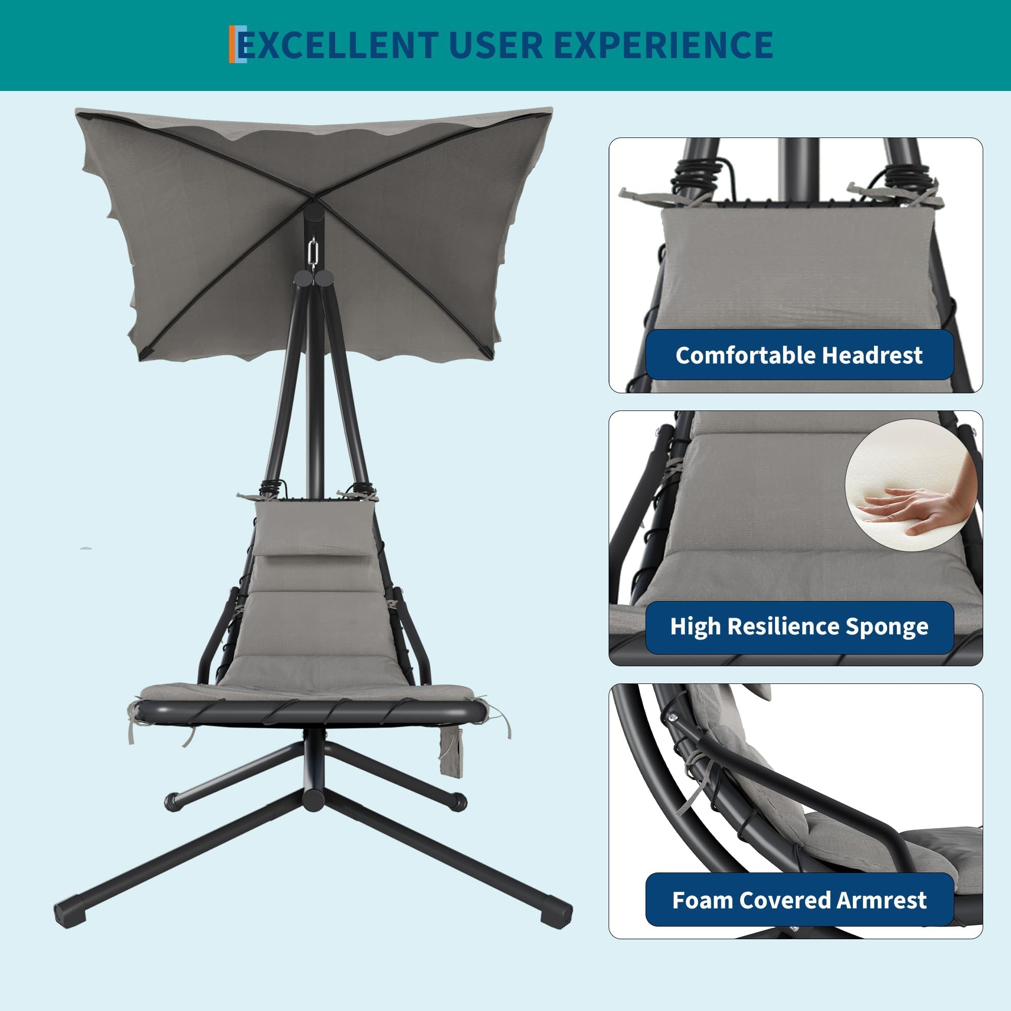 Grey green hanging chaise lounge with pillow, cushioned seat and foam covered armrest details