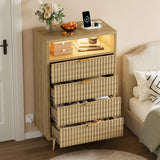 Garvee 4 Drawers Dresser for Bedroom, 28" w Wooden Dresser with LED Lights and Charging Station, Fluted Wood TV Stand with Gold Handle, Modern Chest of Dressers for Closet, Living Room, Hallway, Oak - Oak