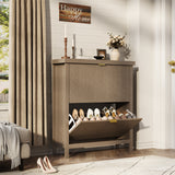Garvee Fluted Narrow Shoe Storage Cabinet for Entryway - 2 Reverse-Down Drawers, Adjustable Shelving, Hidden Shoe Rack, Gold Handles, Freestanding Wooden Cabinet with Legs - Oak - Jam - Oak Color