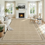 Garvee 10' × 14' Scalloped Bordered Area Rug, Machine Washable Non-Slip Low-Pile Soft Rug for Living Room, Bedroom & Dining Room, Jute - Jute