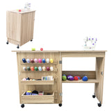 Garvee Compact Sewing & Craft Table with Storage Shelves & Trays – Folding Wooden Desk with Lockable Wheels, Pegs, Magnetic Door, Multipurpose Sewing Cabinet – Yellow