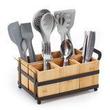 Garvee 4-Compartment Utensil Caddy for Kitchen Organization – Detachable Silverware Holder with Metal Frame and Handles – Water-Resistant, Portable Organizer for Cutlery, Spoons, Forks, Cooking Tools – Ideal for Parties – Natural Wood Color