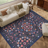 Garvee 5' x 7' Dark Blue Vintage Mandala Floral Area Rug, Washable Non-Slip Low-Pile Carpet for Living Room, Bedroom and Dining Room - Dark Blue