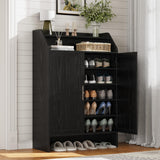 Garvee Farmhouse Shoe Storage Cabinet for Entryway, 47" Tall Wooden Shoe Organizer with 2 Doors, 5-Tier Adjustable Shelves & Open Storage Rack - Black Wood Grain, Double Door - Black