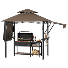 Garvee 8x5 Grill Gazebo Outdoor BBQ Canopy Double Tier Ventilated Canopy Adjustable Dual Side Awnings Heavy Duty Steel Frame Shelves & Hooks Backyard - Brown