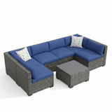 Garvee 7-Piece Patio Sectional Sofa Set with Storage Table & Ottoman, All-Weather Grey Gradient Wicker Outdoor Conversation Set with Blue Cushions for Garden, Backyard & Poolside