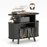 Garvee Mid-Century Modern Record Player Stand – Built-In Charging Station & USB Ports – Large Vinyl Record Storage Cabinet – Open Shelves Turntable Table – Black US Standard - Black