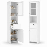 Garvee Tall Slim Storage Cabinet - Adjustable Shelves, Water-Resistant Finish, Glass Doors, Open Shelves - Freestanding Space-Saving Pantry Organizer for Bathroom, Kitchen, or Living Room - White
