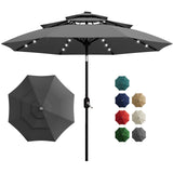 Garvee 10FT 3-Tier Solar Patio Umbrella with LED Lights – Outdoor Table Umbrella, Vented Design, Easy Crank & Push Button Tilt, 8 Sturdy Ribs for Patio, Pool, Deck, Garden – Gray - Gray