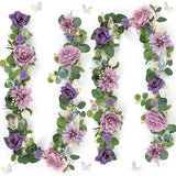 Garvee Realistic Artificial Eucalyptus & Rose Garland with 3D Silver Butterflies, 2-Pack Silk & Plastic Purple Floral Vine, Elegant for Vintage Wedding, Table Centerpiece, Home Decor – Length 180cm, Purple