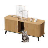 Garvee Multi-Functional Cat Litter Box Enclosure for 2 Cats, 59" Large Wooden Pet House - Hidden Litter Box Furniture - Sliding Door Access - Cat Litter Mat Included - TV Stand Side Table - Color: Natural Wood - Natural Wood Color