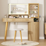 Garvee Modern Vanity Desk with Lighted Sliding Mirror – 47.2'' Dressing Table, Stool, Charging Station, Glass Door Cabinet, Adjustable Shelf, Storage Drawers – Bedroom Makeup Vanity Set – Brown - Light Wood