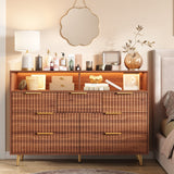 Garvee Modern Fluted 7 Drawer Dresser with LED Lights & Charging Station – Wide Chest with Gold Metal Handles, Wooden TV Stand & Storage Organizer for Bedroom, Living Room, Hallway – Walnut - Walnut