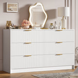 Garvee 55" Wide Modern Fluted Double Chest of 6 Drawer Dressers for Bedroom with Golden Metal Handles, Multi-Function Home Organizer and Large TV Stand for Living Room, Entryway, Hallway, White - White