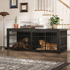 Garvee Heavy Duty Wooden Dog House Furniture – Extra Large 3-in-1 Kennel, 4 Doors, Storage, End Table Style, Adjustable Feet, Vintage Gray, 6.6ft - Gray