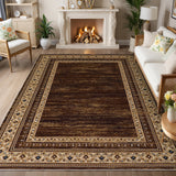 Garvee 8' x 10' Reddish Brown Vintage Floral Bordered Area Rug, Washable Polyester Non-Slip Low-Pile Carpet for Living Room, Bedroom and Dining Room - Reddish Brown