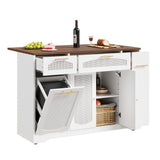 Garvee Space-Saving Rattan Kitchen Island Cart with Drop Leaf – Storage Cabinets, Drawers, Tilt-Out Trash Can, Spice Rack, 2-Door Movable Table, Narrow Rolling Counter – Walnut Tabletop + White Cabinet - White