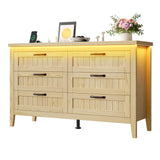 Garvee 6 Drawer Dresser with Power Outlet, Natural Dresser with LED Light, Modern Chest of Drawers for Closet, Double Wide Drawer Organizer Cabinet for Bedroom, Living Room - Natural