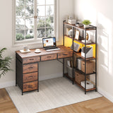 Garvee L-Shaped Computer Desk Organizer – 6 Drawers, 5-Tier Storage Shelves, LED Lights & Power Outlets, Modern 47.2'' Corner Shelf Rack, Sturdy Wooden Workstation for Home Office, Study, Gaming – Sunset Cloud Color - Rustic Brown