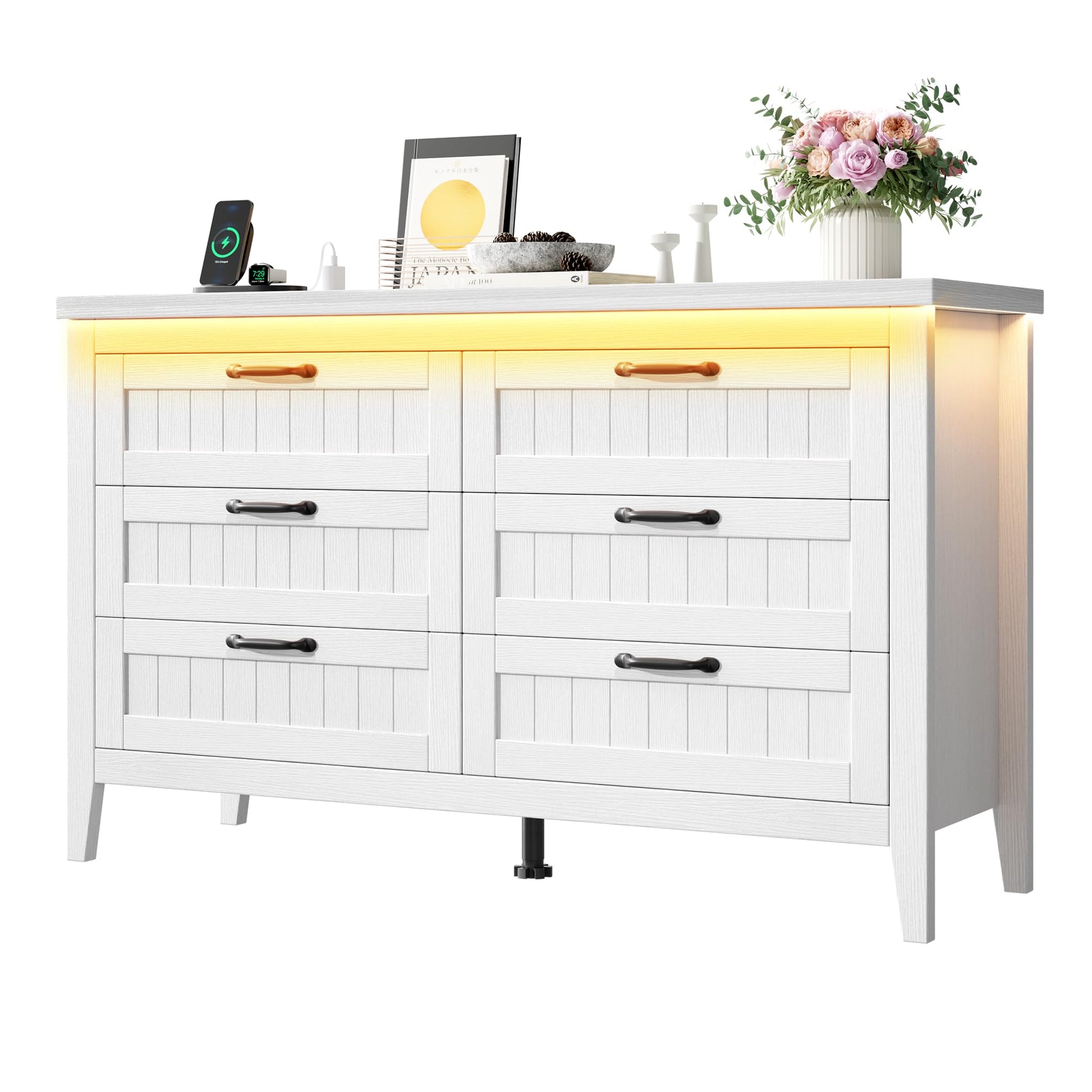 white dresser with led lights Garvee 6 Drawer Dresser with Power Outlet, White Dresser with LED Light, Modern Chest of Drawers for Closet, Double Wide Drawer Organizer Cabinet for
