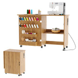 Garvee Collapsible Sewing & Craft Table with Charging Station - Lockable Wheels, Storage Trays, Shelf, Pegs, Magnetic Locks - Space-Saving Portable Sewing Cabinet Desk with USB Type-C, Mobile Craft Station - Rosewood - Brown