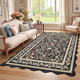 Garvee Black Floral Washable Scalloped Area Rug 9' × 12', Non Slip Low Pile Stain Resistant Soft Rug for Living Room Bedroom Dining Room